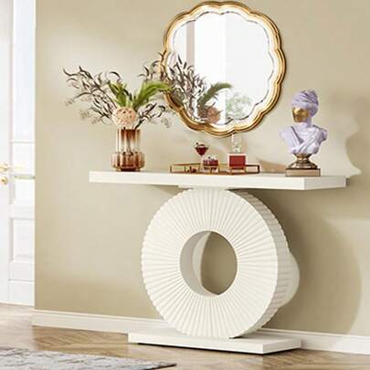 Tribesigns Console Table, Hall Table With A Round, Flower-Shaped Base Console & Sofa Tables | Hallway Furniture | Slim Entryway Table |100 X 30 X 79 Cm (Creamy White)