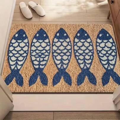 A Doormat Featuring Five Blue Fish Patterns Anti-Slip And Made Of Is An Ideal Choice For Entryways In Bedrooms And Living Rooms