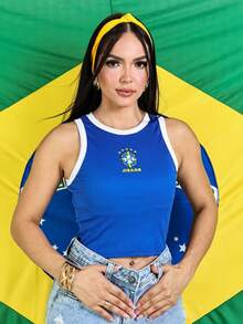 Women's Cropped Top, Brazilian National Team, Ribbed Tank Top, Basic, Casual, Comfortable,  Fashion, World Cup 2026 - 藍色 - 查看 2