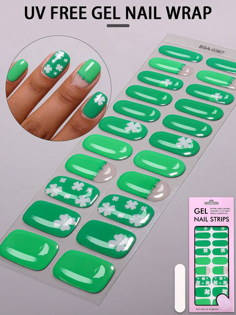 22 miếng dán móng tay gel không tia UV chủ đề Ngày Thánh Patrick, hình cỏ bốn lá màu xanh lá cây, kiểu dáng tươi mới, dễ dán, hoàn hảo cho việc tự làm móng nghệ thuật ngày lễ của phụ nữ.