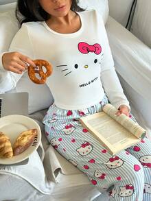SANRIO 两件套女士Hello Kitty印花圆领长袖上衣+松紧腰直筒裤睡衣套装 - 藍色 - 查看 7