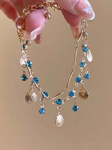 1pc Shell & Zirconia Tassel Double-Layer Bracelet, Copper Material Bohemian Ocean Style Pendant Bracelet, Suitable For Women Beach Holiday & Daily Wear - Multicolor - View 7