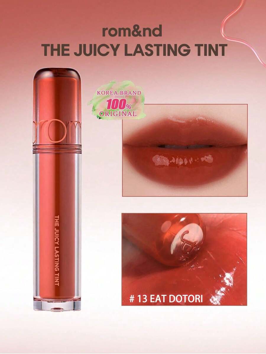 Rom&nd Romand Juicy Lasting Tint 13 EAT DOTORI，啫喱质地，水润光泽，不粘腻，可叠加涂抹，轻盈持久，斜角心形刷头，口袋大小，即开即用，5秒打造办公室光泽，韩式彩妆，3.5克/0.12盎司