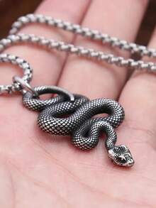 Unisex Gothic Punk Style 3D Coiled Snake Stainless Steel Pendant Necklace - Silver - View 7