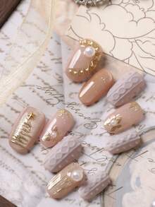 10pcs Press On Nails Cat's Eye Golden Flower Sweater Texture Nail Supplies Nails Press On Short Nail Fake Nails Artificial Nails Kit Includes 1sheet Adhesive Tabs &1 Pc Mini File - Multicolor - View 2