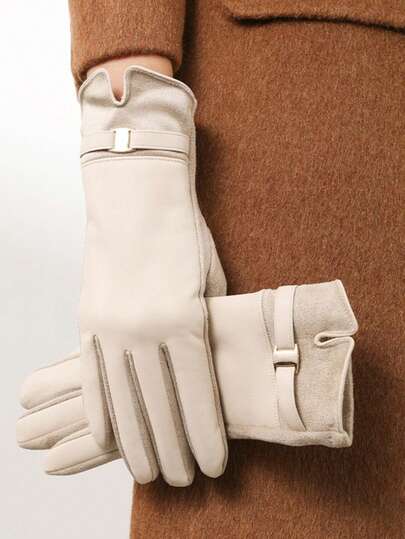 1 Pair Women's Elegant Solid Color PU Inlaid Casual Street Gloves, Suitable For Mature Ladies Outdoor Sports, Applicable For Autumn/Winter