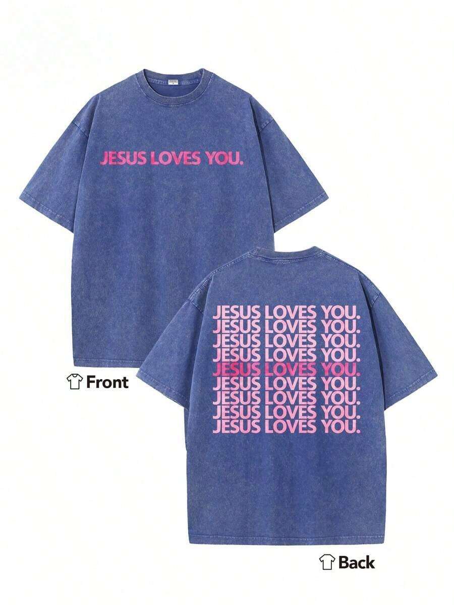 Summer Tops2026Heavyweight Washed T-Shirt - Jesus Loves You Religious Graphic T-Shirt, Pink-Green Background With Pink Letter Double-Sided Print - Chr - 藍色 - 查看 1