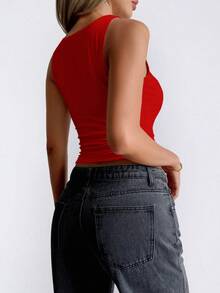 GAOVOT 女士背心夏季性感火辣女孩休闲打底衫 Y2K 方领露背上衣 - 紅色 - 查看 2