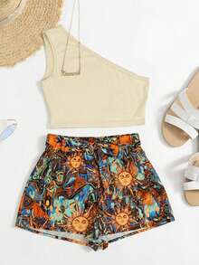 Bộ đồ nữ 2 mảnh in họa tiết nắng nhiệt đới - Màu be, áo croptop lệch vai, quần short in họa tiết có thắt lưng. - Nhiều màu - Xem 3