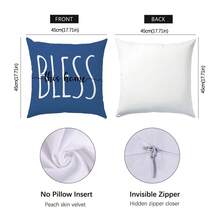 复古蓝色莫里斯花卉“祝福家园”四件套靠垫套，单面印花桃色天鹅绒，45*45厘米/18*18英寸枕套，适用于现代布艺沙发室内装饰、派对装饰、礼品 - 彩色 - 查看 2