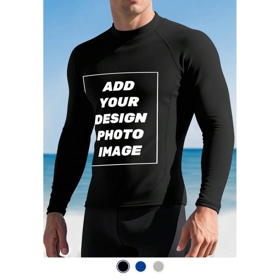Custom Men's Basic Skins Long Sleeve Rash Guard Swim Shirts Personalized Print Quick Dry Bathing Shirt For Men Fishing Surfing- Add Your Image Photo Design Special Gift - 黑色 - 查看 1
