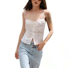 Women Camisole Spaghetti Straps Sleeveless Ruched Hollow Crochet Flower Buttons Slim Vest Tank Tops - White - View 3