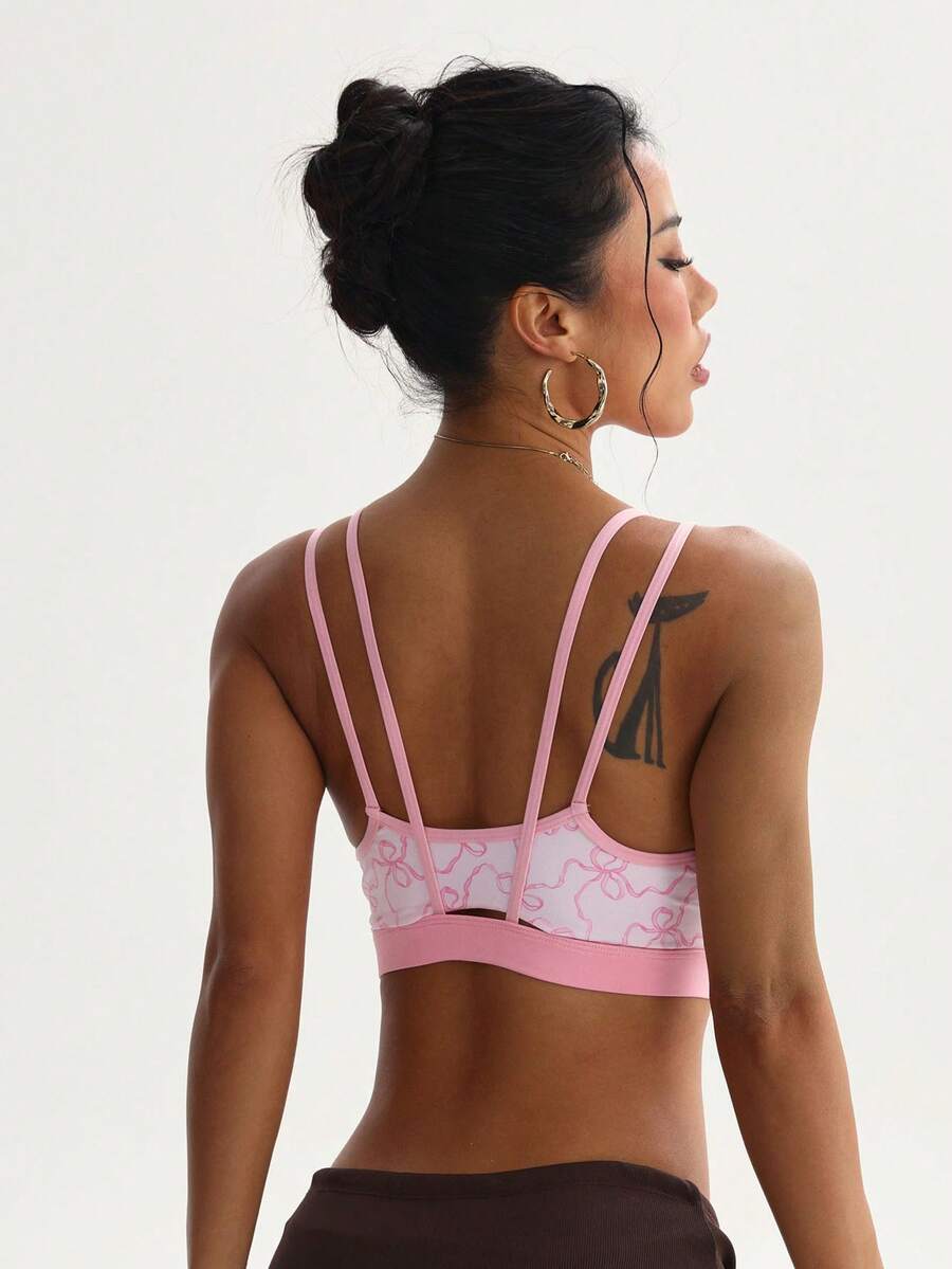 Women's Pink Bow Graphic Print Removable Padded Sports Bra With Backless Design - Pink - View 1