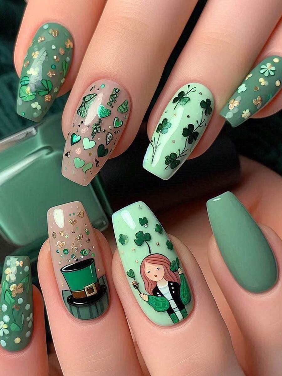 24pcs Ballet Press On Fake Nails Green Medium Nail Creative Green Shamrock Clover Fake Nails St. Patrick's Day Nails - Multicolor - View 1