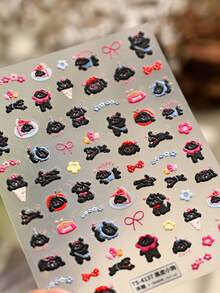1片可爱黑色小狗卡通浮雕气球花梦幻美甲贴纸，5D自粘美甲装饰，适合女性、宠物爱好者，日常及派对装饰 - 彩色 - 查看 6