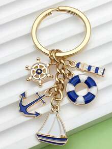 1pc Blue Sailboat Lighthouse Life Buoy Keychain, Nautical Worker Commemorative Key Chain Pendant Gifts For Mother, Father, Graduation, And Teacher - Blue - View 2