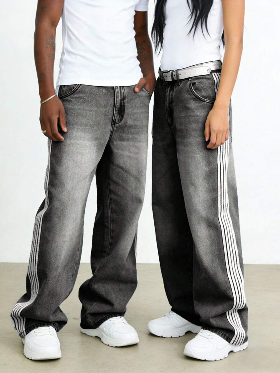 Quần jean ống rộng dáng rộng thiết kế 5 sọc bên hông Y2K, quần denim phong cách rock tiên phong thời trang đường phố - Xám - Xem 1