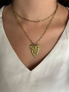 1pc Stainless Steel Minimalism Long Necklace Gold Paperclip Chain Exquisite Heart-Shaped Pendant Necklace For Women - Gold - View 5