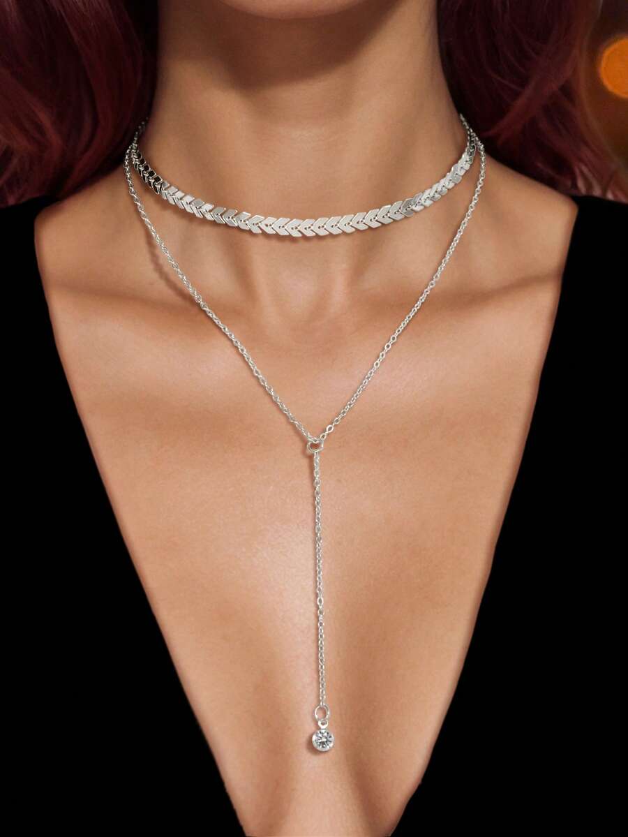 1 pieza Collar con colgante de cadena plateada en capas para fiesta, uso diario y escuela - Plateado - Ver 1