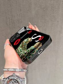 1pc DIY Customized Emerald Leopard Print Red Lip Initial Name Phone Case, Liquid TPU Full Edge + Tempered Glass Material, Shock-Resistant Scratch-Resistant Phone Shell Compatible With Apple 17 ProMax/16 ProMax/15 Pro/14 Plus/13 Pro/12 Pro Max/11/Xs Max/8/7/6 Plus, S24 Ultra/S25 Ultra, /, Fashionable Black Glass Protective Cover - Black - View 5