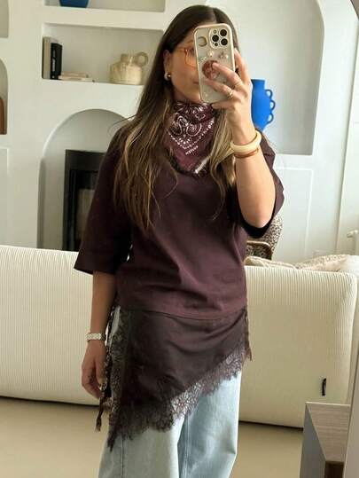 Casual Lace Splicing Long T-Shirts For Women O-Neck Short Sleeves Irregular Hem Tops Versatile Lady Loose Pullover