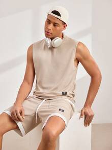 Driftmere Men's Letter & Badge Print Crew Neck Tank Top And Shorts Casual Set, Summer - Khaki - View 6
