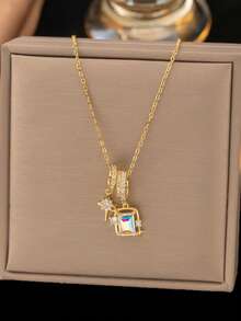 1件白色方形多层圆形锆石吊坠项链，精致珠宝，适合约会、送礼和日常佩戴（OPP袋包装） - 白色 - 查看 4