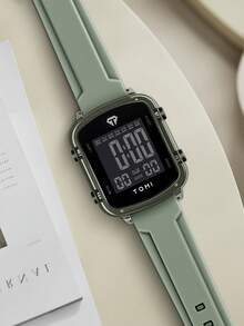 Đồng hồ TOMI 1 chiếc, kiểu dáng tối giản, công nghệ cao, mặt vuông, đa chức năng, lịch, phong cách thể thao, phù hợp cho sinh hoạt hàng ngày, quà tặng ngày lễ Halloween, Giáng sinh. - màu xanh lá - Xem 3