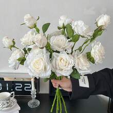 10pcs 54cm/21.26in Artificial Baked Edge Dried Austin Roses - Real Touch Polyester Fake Flowers For Vase Wedding Home Decor, Valentine's Day Mother's Day Gift, 2 Blooms 1 Bud Per Stem - 白色 - 查看 5