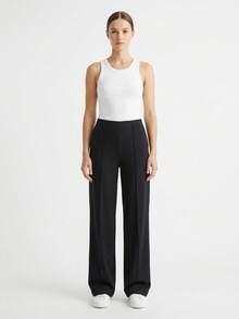 Black Soft Knit Wide Leg Pants With Ribbed Trim - Black - View 5
