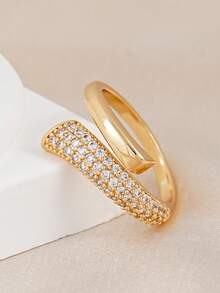 1 pieza Anillo de circonita cúbica elegante, adecuado para uso diario de mujeres, fiestas, bodas, regalo de vacaciones, joyería nupcial - Dorado - Ver 3