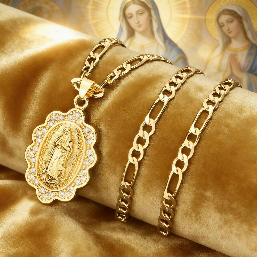 一件式欧美宗教圣母玛利亚吊坠项链，简约流行的瓜达卢佩圣牌吊坠项链，基督教圣灵复古首饰，节日祈祷礼物，圣诞饰品，天主教信徒必备 - 金色 - 查看 1