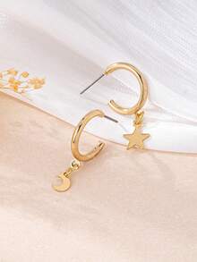 1 Pair Minimalist Elegant Star & Moon Stud Earrings, Suitable For Ramadan And Daily Wear - Yellow Gold - View 3