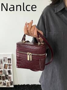 2026 Fashionable Textured Small Square Bag, Korean Style Chic Box Bag, Shoulder Bag - Red - View 1