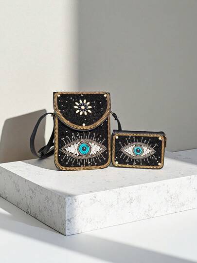 حقيبة هاتف مزينة بالخرز بتصميم العين الغامضة البوهيمي مع حامل بطاقات، من جلد PU عالي الجودة، حزام قابل للتعديل للكتف/متقاطع، تخزين مريح للهاتف والأحمر شفاه والمفاتيح، حامل بطاقات كبير السعة يناسب 11 بطاقة
