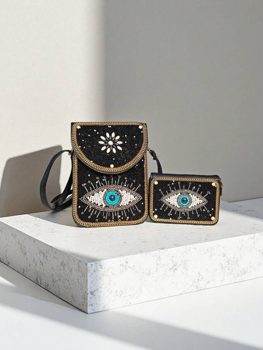 Túi đựng điện thoại và thẻ đính hạt hình mắt bí ẩn phong cách Bohemian, chất liệu da PU cao cấp, dây đeo điều chỉnh được để đeo vai/đeo chéo, tiện dụng đựng điện thoại, son môi, chìa khóa, ngăn đựng thẻ dung tích lớn chứa được 11 thẻ. - màu đen - Xem 1