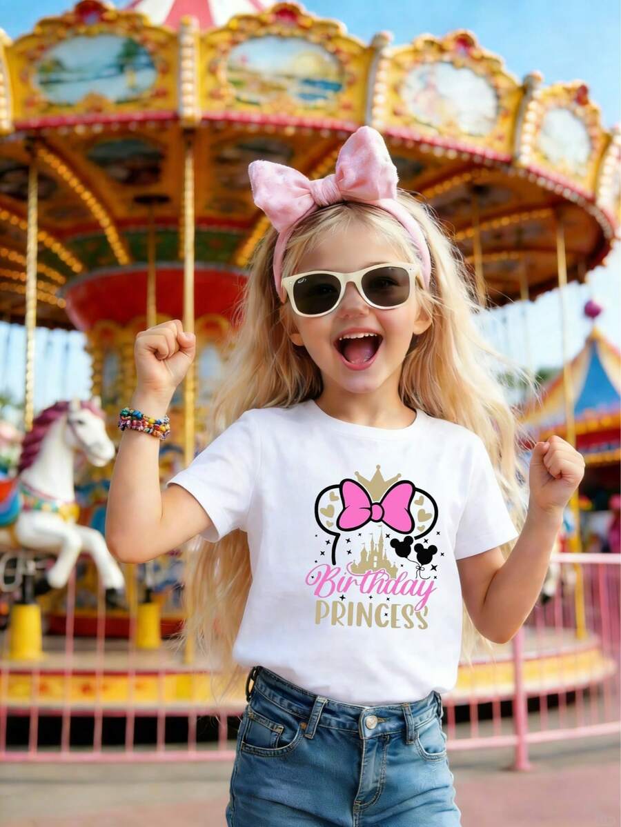 Disney Girls' Birthday Princess Graphic T-Shirt - Minnie Mouse Bow & Castle Print, Ages 2-14, Ideal For Theme Parks & Birthday Parties, Express Delivery - 白色 - 查看 1