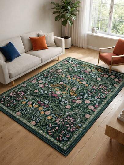 سجادة مساحة مخملية كثيفة 1000 جرام - قاعدة خضراء غامقة، نقش زهري مرسوم باليد بألوان وردي فاتح، خردل، أزرق سماوي وكريمي، ناعمة ومريحة، قليلة التساقط وسهلة العناية، مناسبة لغرفة المعيشة/غرفة النوم/ركن مشمس، تتناسب مع الديكور الإسكندنافي والريفي والطبيعي، رائعة للمنزل الجديد أو عشاق النباتات أو تحديث ديكور المنزل