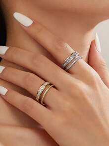 1枚18K镀金不锈钢CNC镶嵌立方氧化锆戒指，女士珠宝，婚礼派对约会礼物 - 雙層鑲鑽戒指 - 查看 2