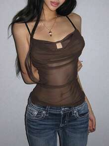 Women's Sexy Spaghetti Strap Semi-Sheer Mesh Tank Top, Summer Outfits, Y2K Style, Holiday Wear - Brown - View 3