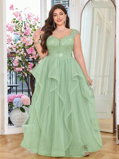 Đầm dạ hội cỡ lớn, cổ chữ V sâu, đính sequin, ren và lưới, viền bèo nhún, thích hợp cho tiệc mùa hè, tiệc cưới, dạ hội trang trọng, tiệc sinh nhật, tiệc chiêu đãi, lễ hội, lễ tốt nghiệp.