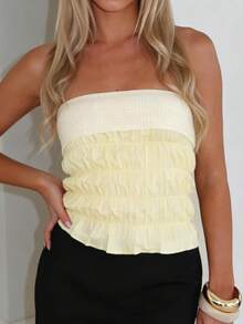 Women's Strapless Vest Stylish Patchwork Sleeveless Ruched Tube Tops For Party Date Night Wear - Yellow - View 7