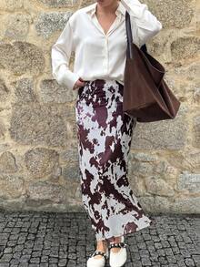 HUACAITA New Abstract Tie-Dye Satin Midi Skirt, French Retro High-Waisted Slim Fit, Elegant Drape - Coffee - View 2