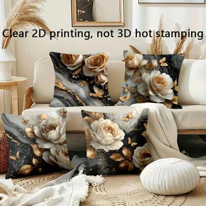 4pcs Gold Rose Floral Leaf Butterfly Watercolor Marble Print Throw Pillow Covers, Soft & Comfortable Polyester Cushion Covers, 45x45cm (17.72x17.72inch), Zipper Closure, Machine Washable, Suitable For Home Decor, Living Room, Bedroom, Porch, Garden, Patio, Hotel, Cafe, Outdoor (Cushion Covers Only - Insert Not Included)