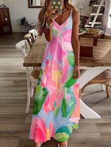 A Piece Of Artistic Impression Knitted Fabric With Soft Skin-Friendly Texture, Women's V-Neck Spaghetti Strap Maxi Dress, Suitable For Summer Gifting And Personal Use, Colorful Ink Floral Print V-Neck Spaghetti Strap Maxi Dress - 彩色 - 查看 1