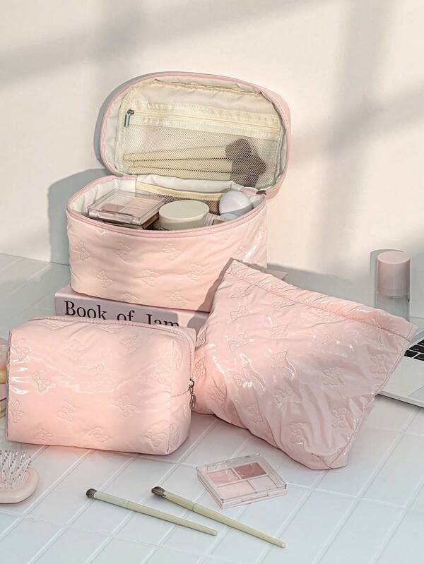 1pc/Set Glossy Pink Butterfly Pattern Makeup Bag With Heart-Shaped Zipper, Minimalist Shining Y2K Foam Cosmetic Bag For Women, Butterfly Quilting Design Large Capacity Skincare Storage Pouch, Metal Element Travel Essential Handbag, Wedding Season, Valentine's Day Decorations