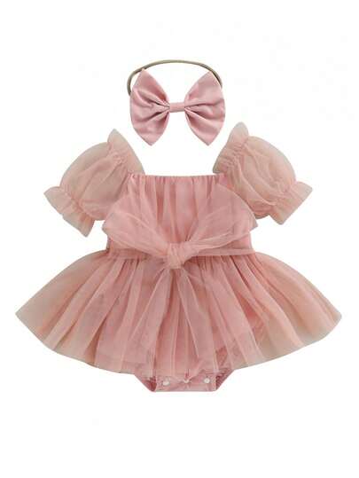 Baby Girl Summer Outfits, Short Sleeve Bow Front Romper Tulle Dress With Headband Set 2Pcs Clothes