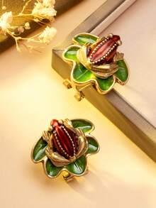 1 Pair New Chinese Style Lotus Pond Frog Earrings, Enamel Lotus Leaf Retro Luxury Personalized Earrings For Women - Multicolor - View 7