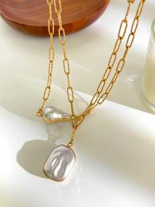 1pc Fashionable Versatile Asymmetrical Baroque Style Pendant Stainless Steel Necklace For Women - Necklace - View 7