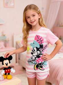 Disney 2pcs/Set Girls Elegant Minnie Mouse Striped Cartoon Print Short Sleeve T-Shirt And Sports Shorts, Cute Versatile Comfortable Girls Outfit, Suitable For Daily Casual, Outing, Vacation, Beach, Party, Birthday, Gift - Pink - View 4